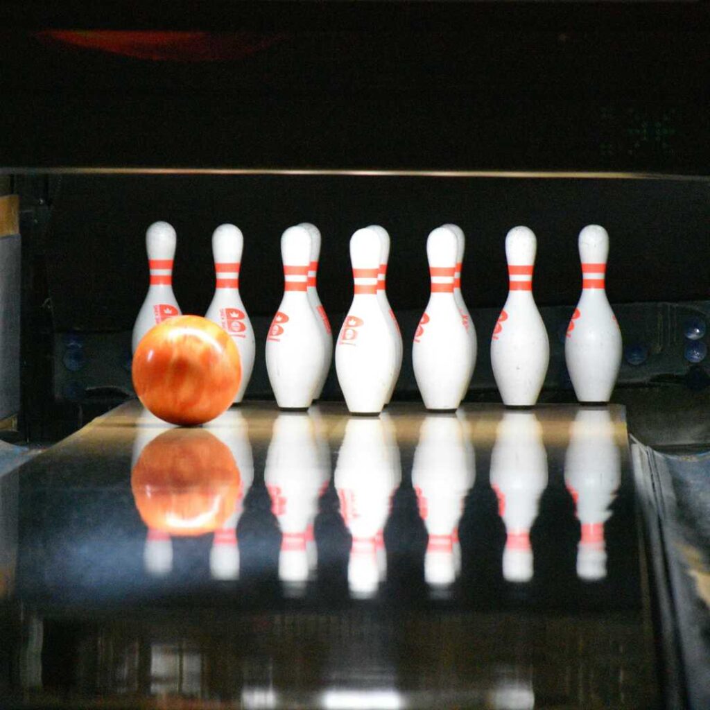 Bowling ball and pins